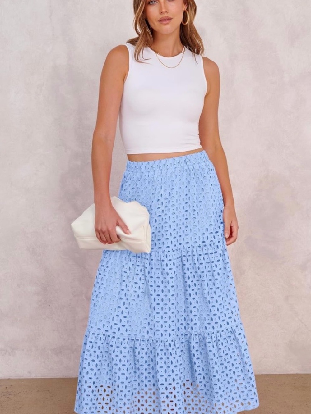Rayon Maxi Skirt High Waist Tiered Eyelet A-Line Beach Vacation - Picture 6 of 7